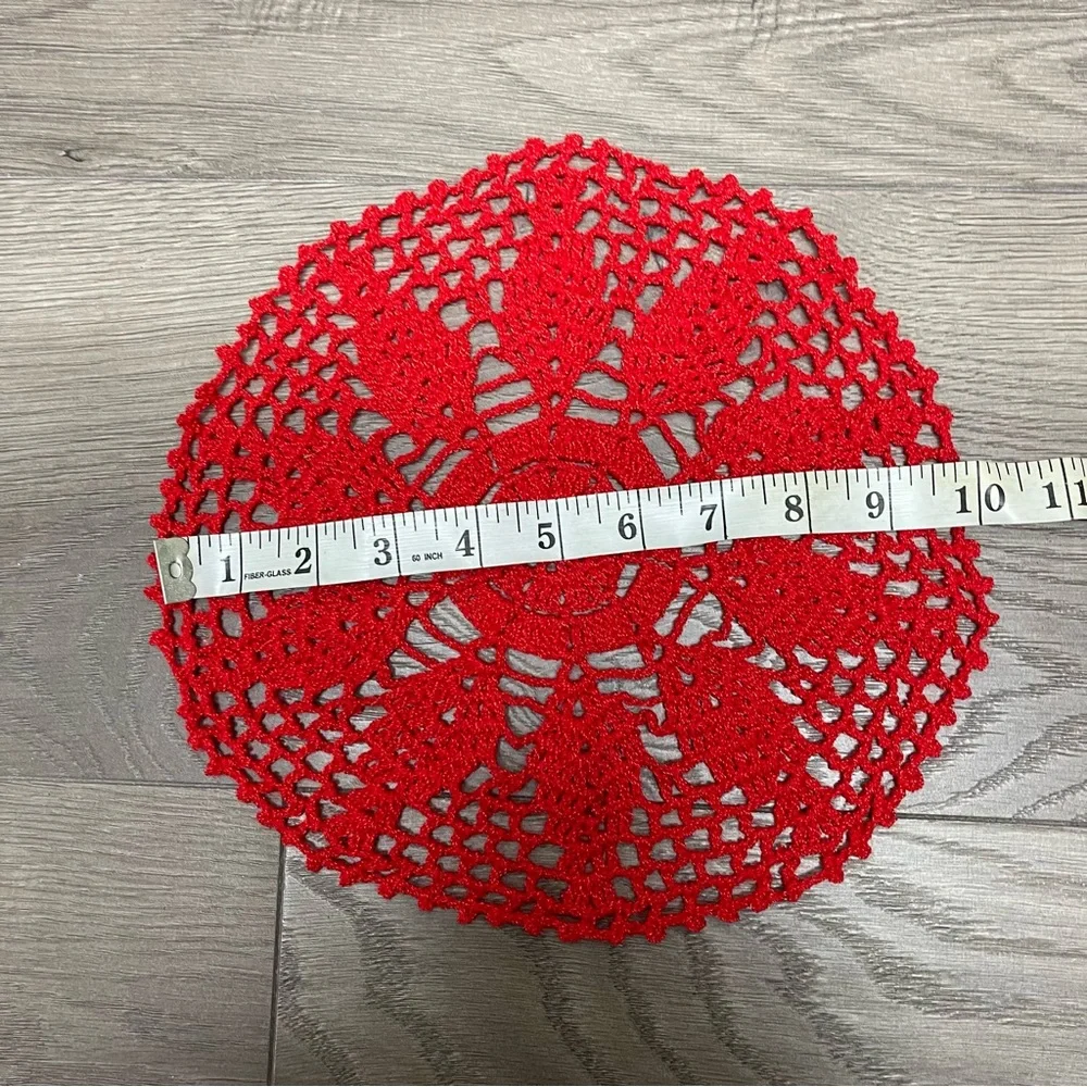 Red Hand Crochet Lace Doily Table Placemats Runner Farmhouse Fabric Coaster - Picture 2 of 2
